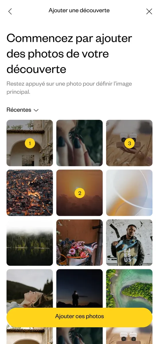 Ajouter une découverte : choix des photos