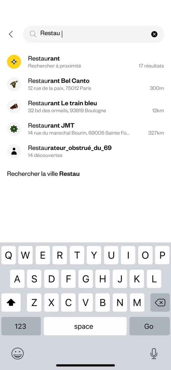 Recherche d’un lieu : suggestions de catégories