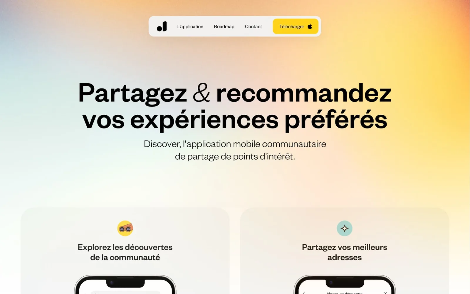 Site web Discover : « Partagez & recommandez vos expériences préférés »